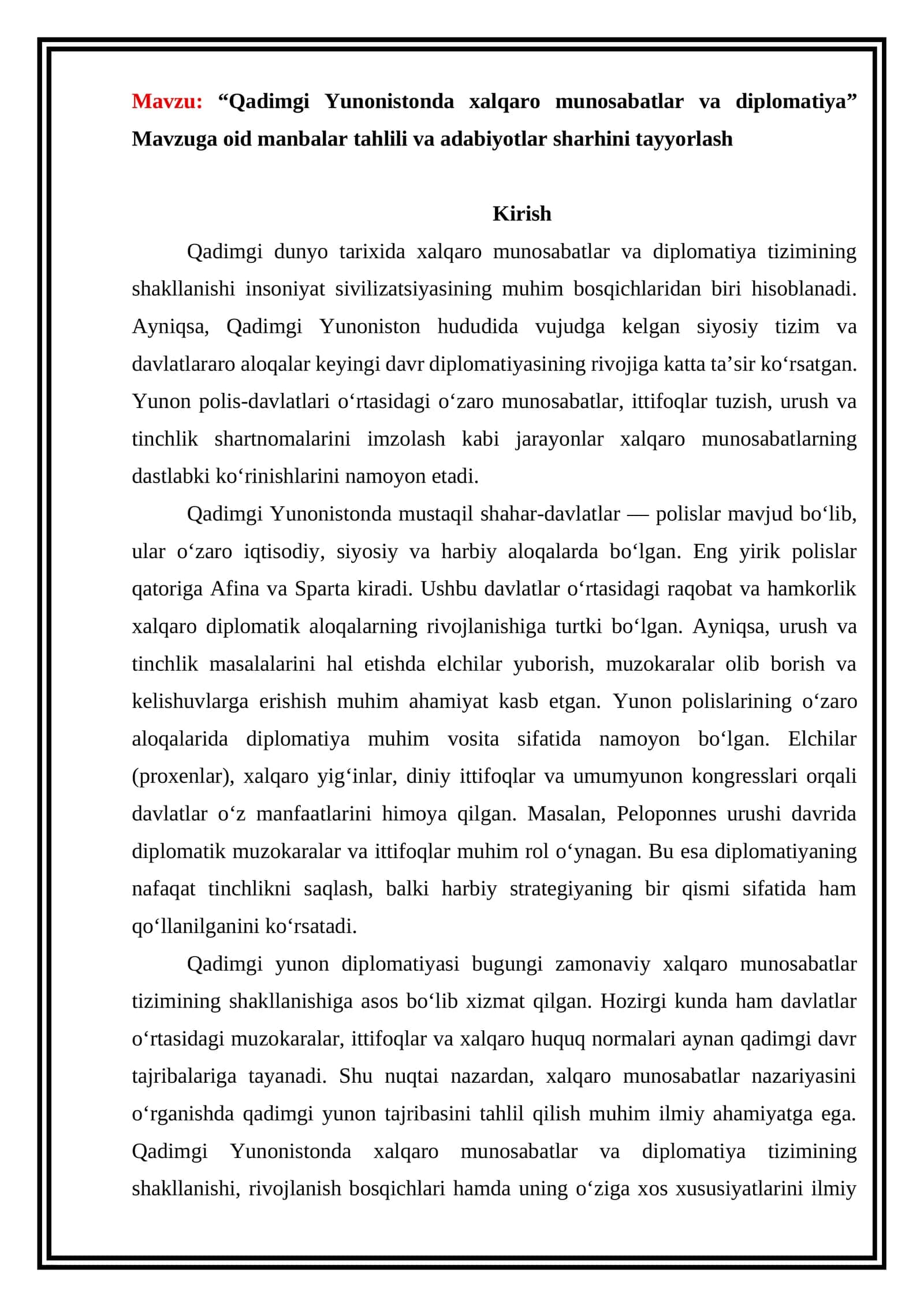 Qadimgi Yunonistonda xalqaro munosabatlar va diplomatiya 1