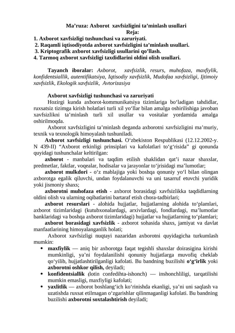 Axborot xavfsizligini ta’minlash usullari 1