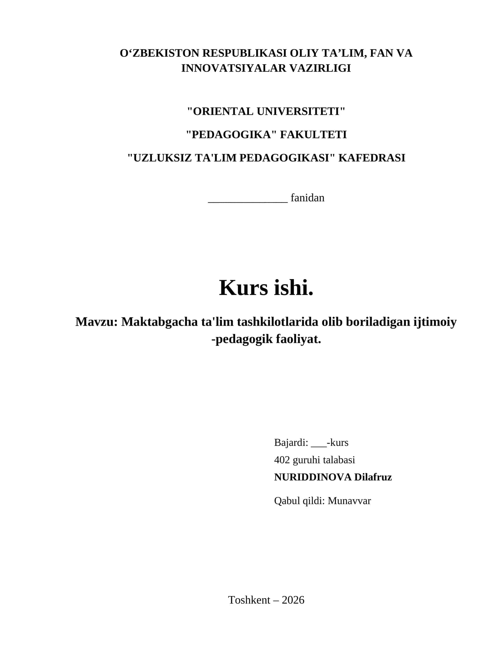 Maktabgacha ta'lim tashkilotlarida olib boriladigan ijtimoiy -pedagogik faoliyat. 1