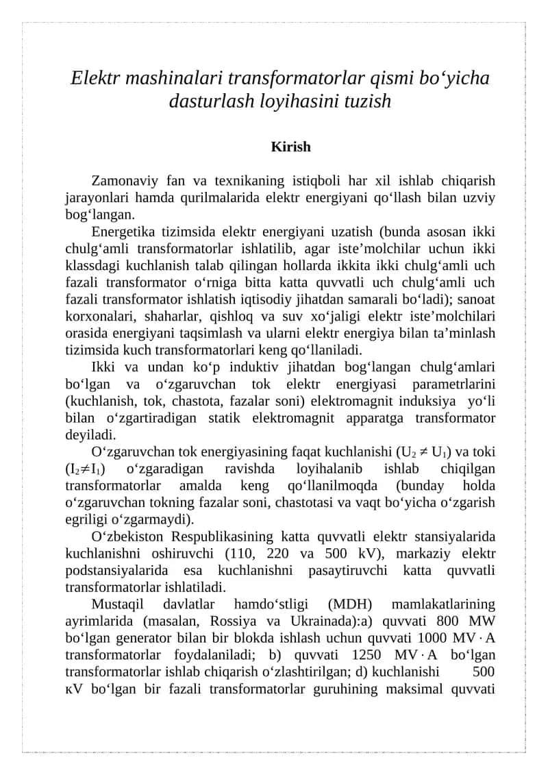 Elеktr mashinalari transformatorlar qismi bo‘yicha dasturlash loyihasi 1