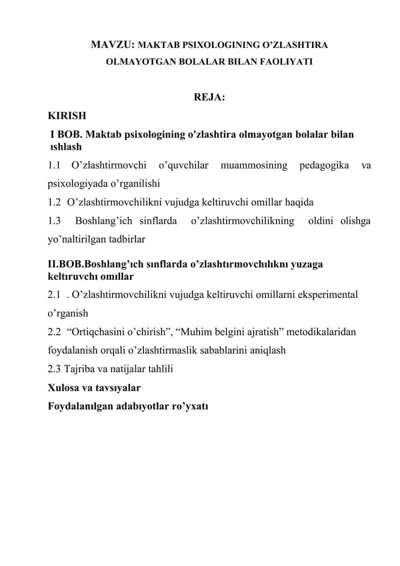 MAKTAB PSIXOLOGINING O’ZLASHTIRA OLMAYOTGAN BOLALAR BILAN FAOLIYATI 1