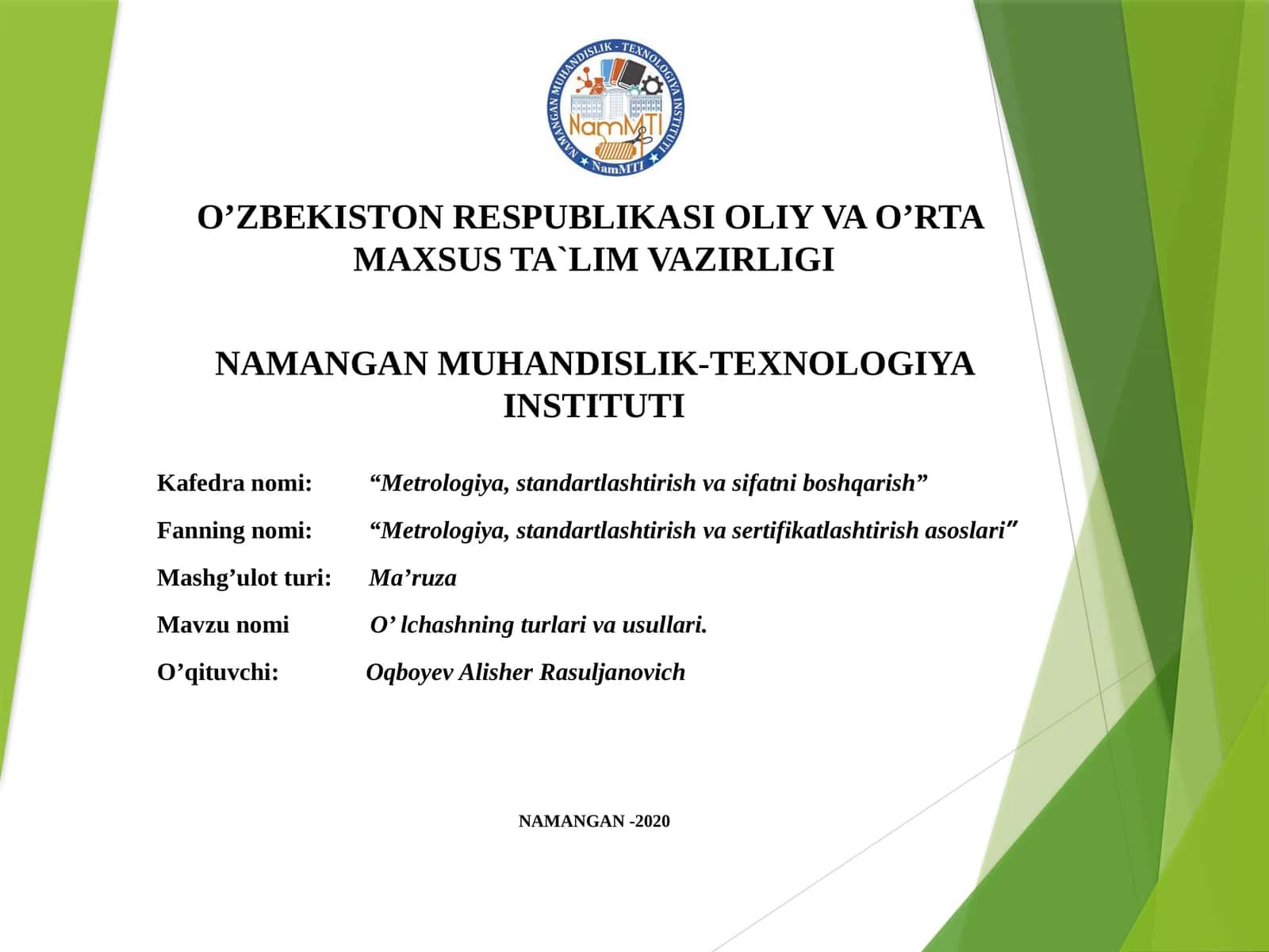 O’LCHASHNING TURLARI VA O’LCHОV USLUBLARI 1