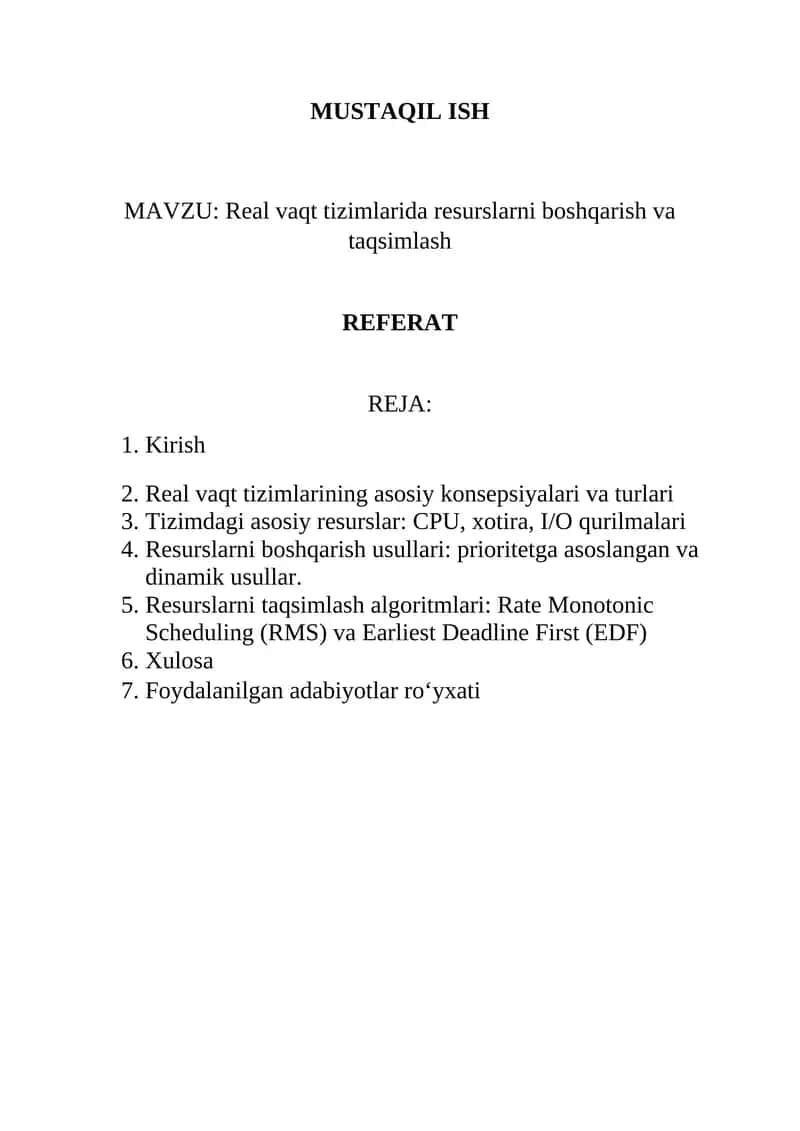 Real vaqt tizimlarida resurslarni boshqarish va taqsimlash 1