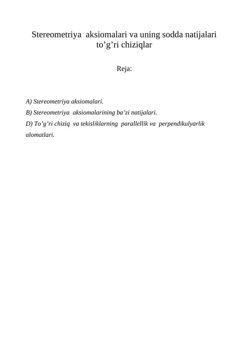 Stereometriya aksiomalari va uning sodda natijalari 1