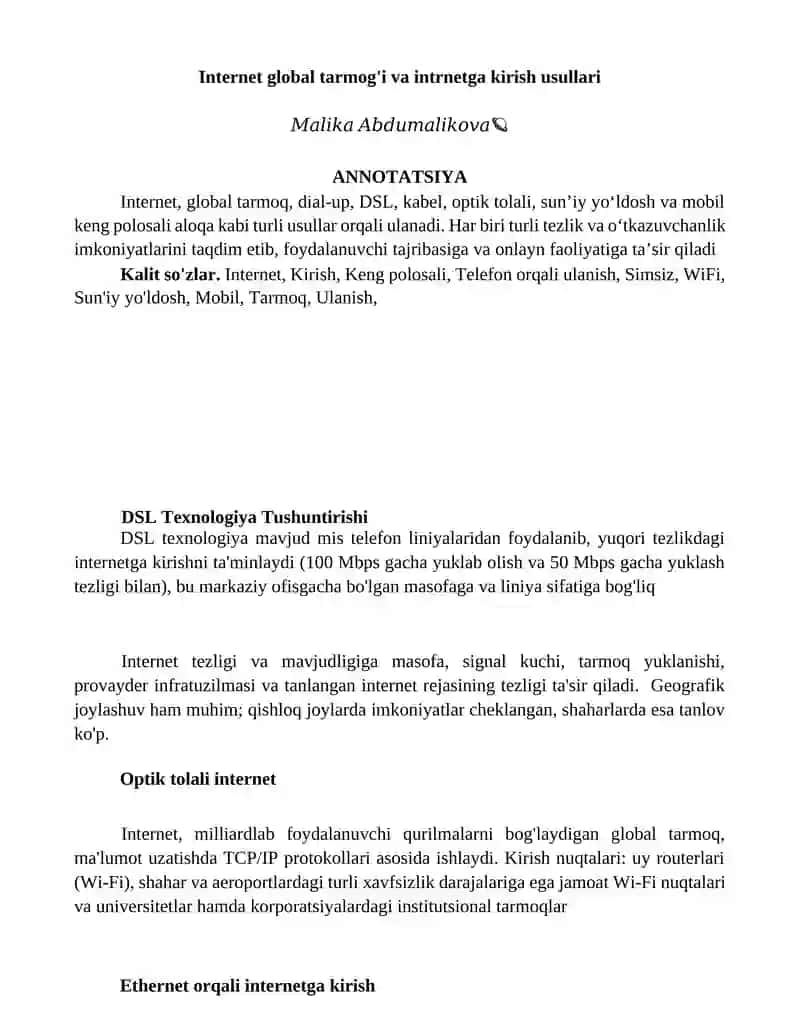 Internet global tarmog'i va intrnetga kirish usullari