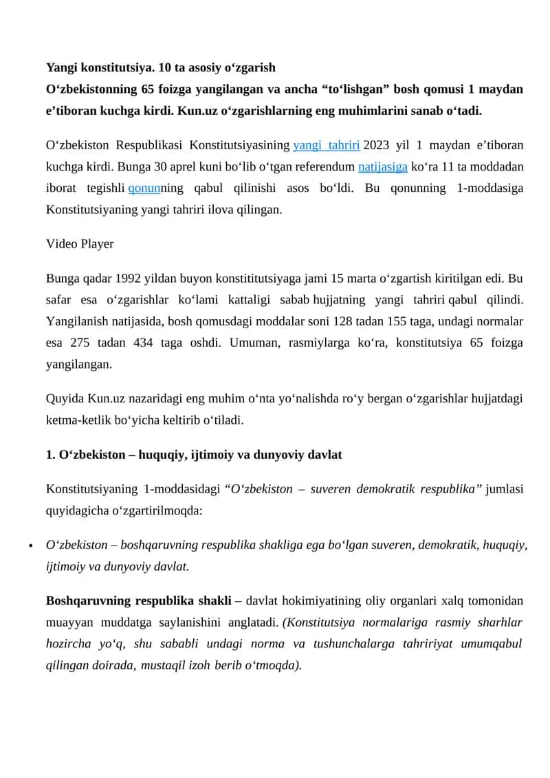 Yangi konstitutsiya. 10 ta asosiy o‘zgarish 1