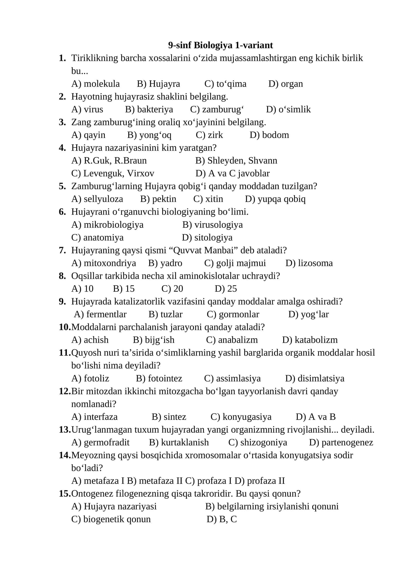 9-sinf Biologiya 1-variant 1