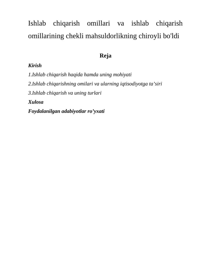 Ishlab chiqarish Omillari va Turlari 1