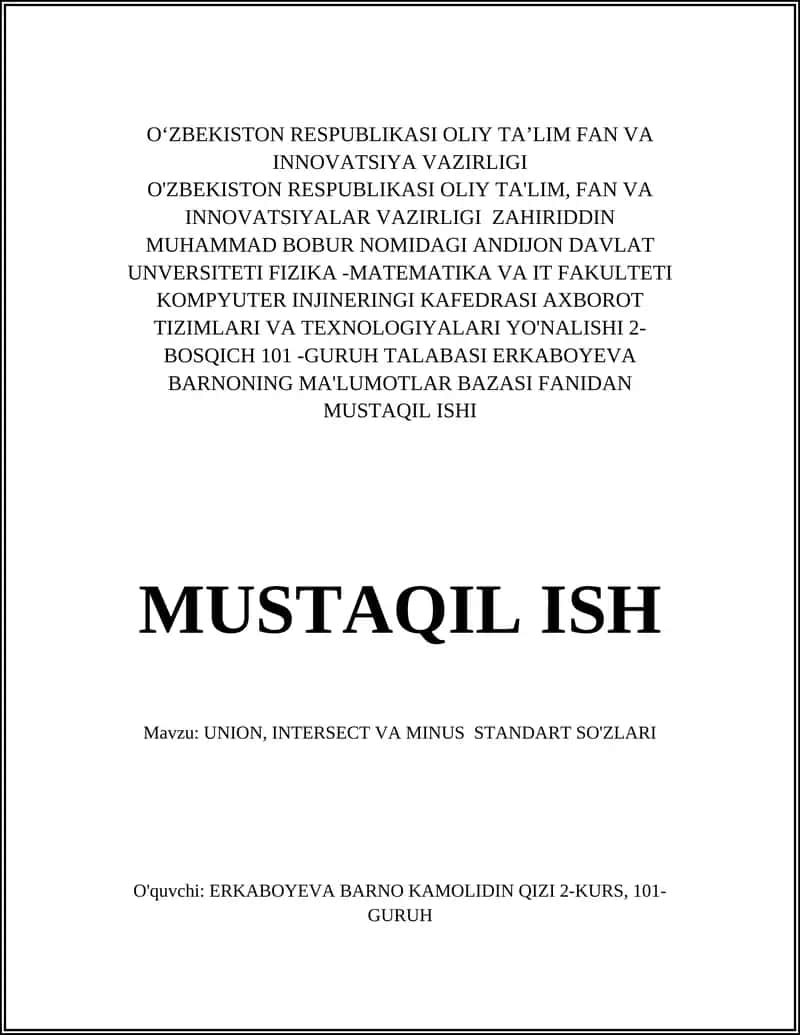 UNION, INTERSECT VA MINUS STANDART SO'ZLARI 1