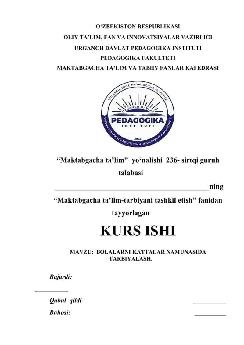 BOLALARNI KATTALAR NAMUNASIDA TARBIYALASH 1