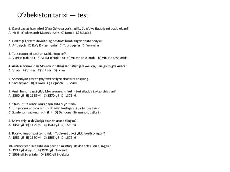 O‘zbekiston tarixi — test 1