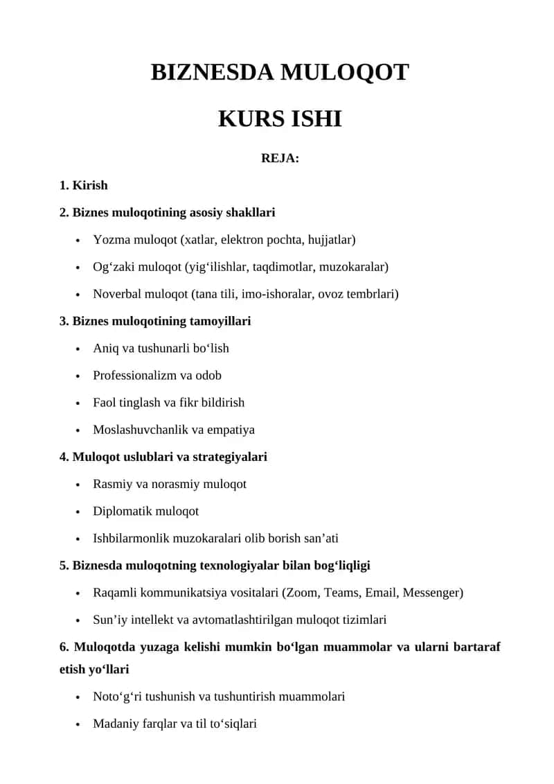 BIZNESDA MULOQOT KURS ISHI 1
