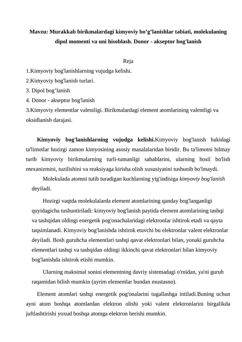 Kimyoviy Bog'lanishlar Tabiati 1