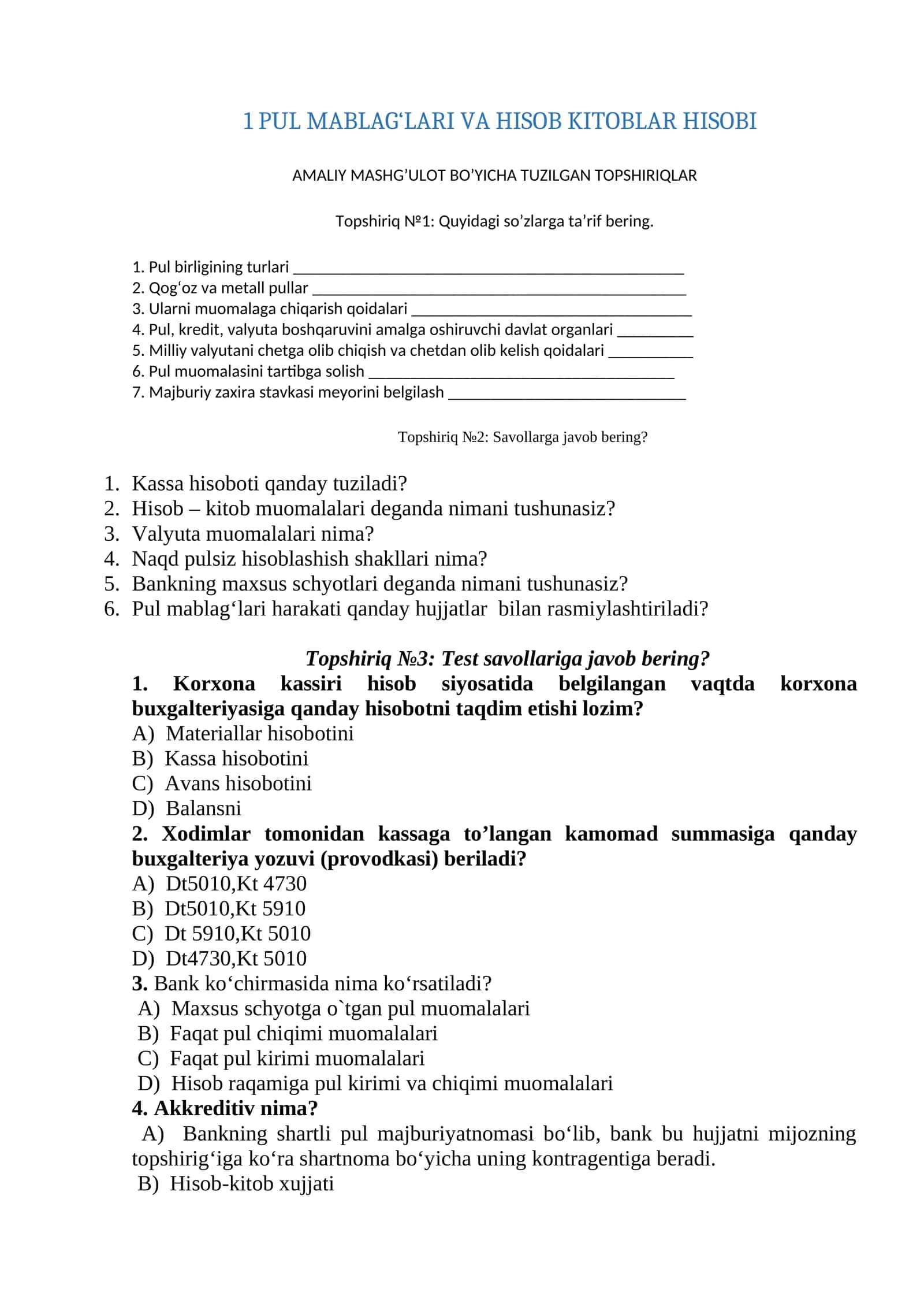 PUL MABLAG‘LARI VA HISOB KITOBLAR HISOBI 1