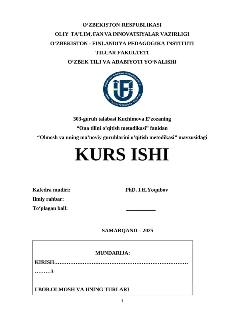 Olmosh va uning ma’noviy guruhlarini o’qitish metodikasi 1