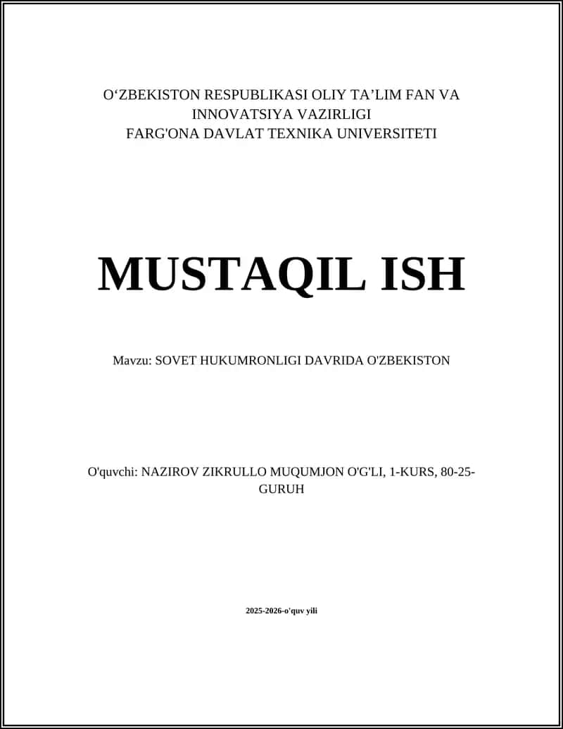 SOVET HUKUMRONLIGI DAVRIDA O'ZBEKISTON 1