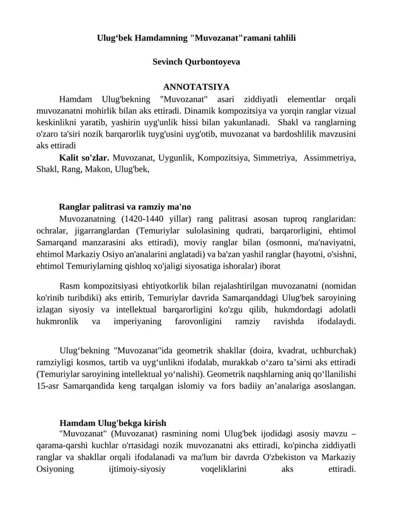Ulugʻbekning "Muvozanat" ramani tahlili 1