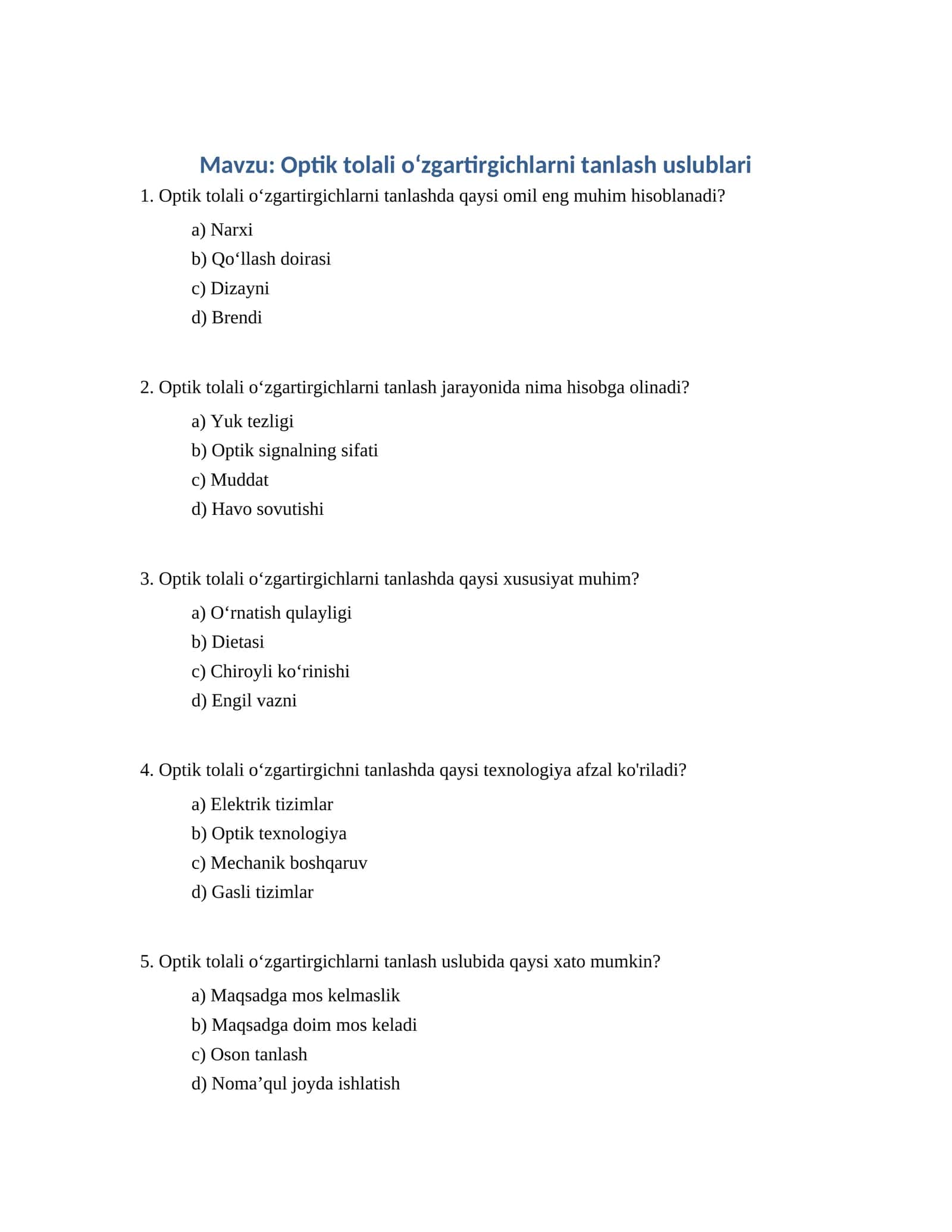 Optik tolali oʻzgartirgichlarni tanlash uslublari 1
