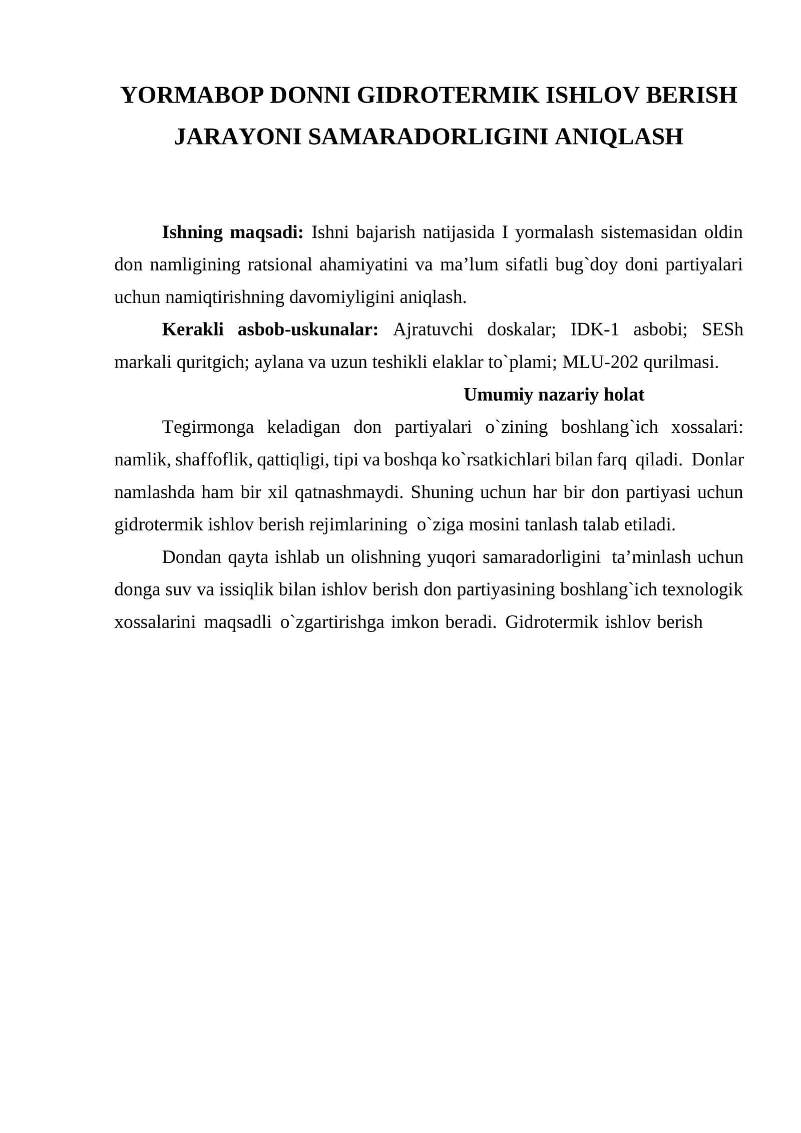 YORMABOP DONNI GIDROTERMIK ISHLOV BERISH JARAYONI SAMARADORLIGINI ANIQLASH 1