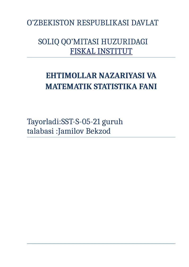 Ehtimollar Nazariyasi va Matematik Statistika Fani 1