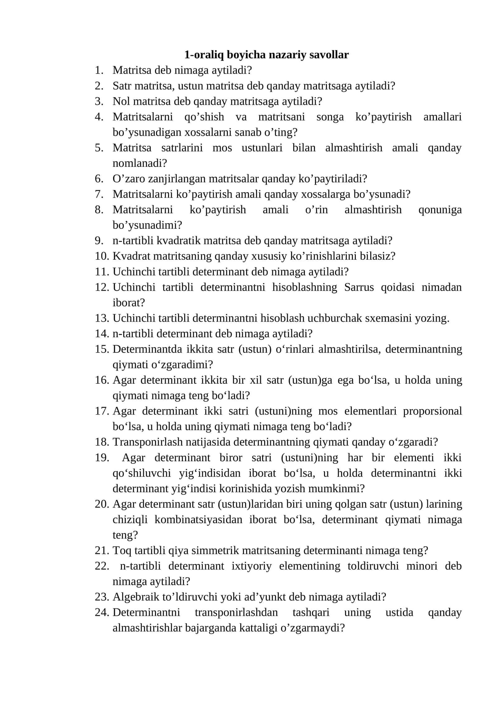 n-tartibli matritsalarning xossalari 1