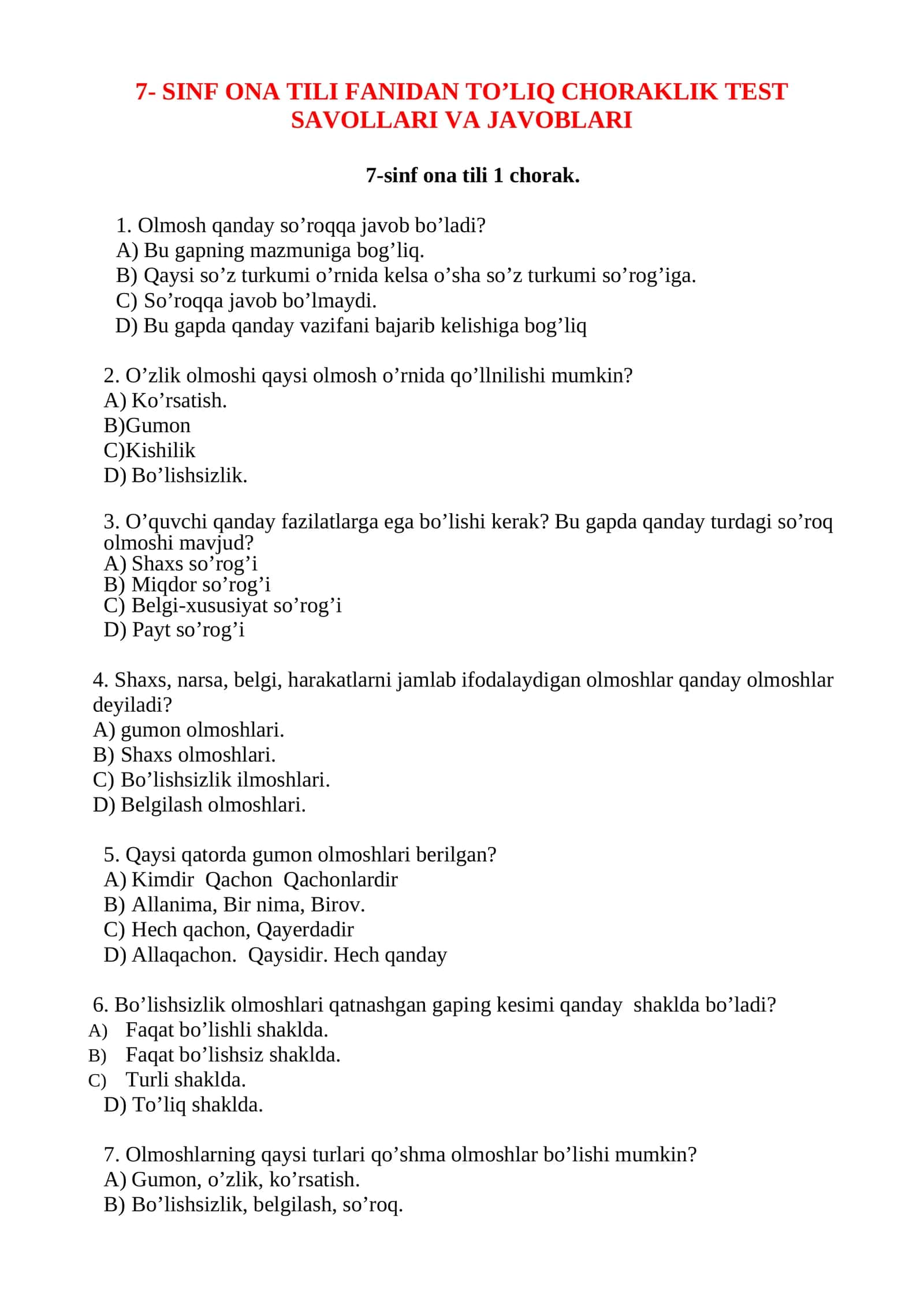 ONA TILI FANIDAN 7- SINF 1-2-3-4- CHORAK TEST SAVOLLARI VA JAVOBLARI 1