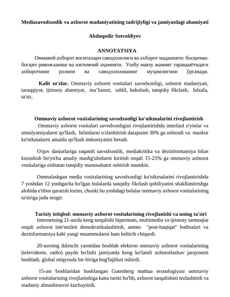 Ommaviy axborot vositalari savodxonligi 1