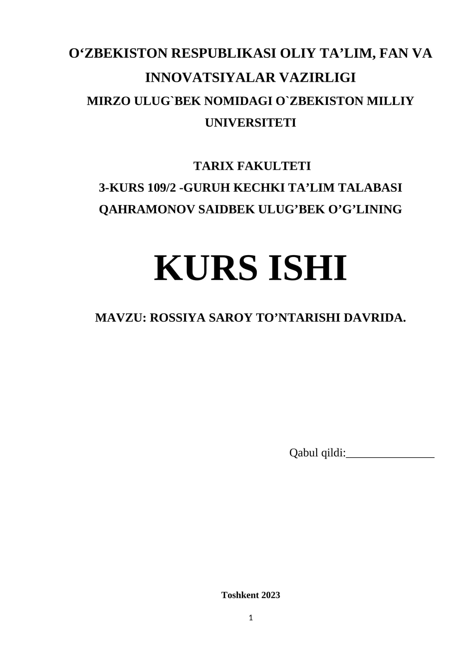 ROSSIYA SAROY TO’NTARISHI DAVRIDA 1