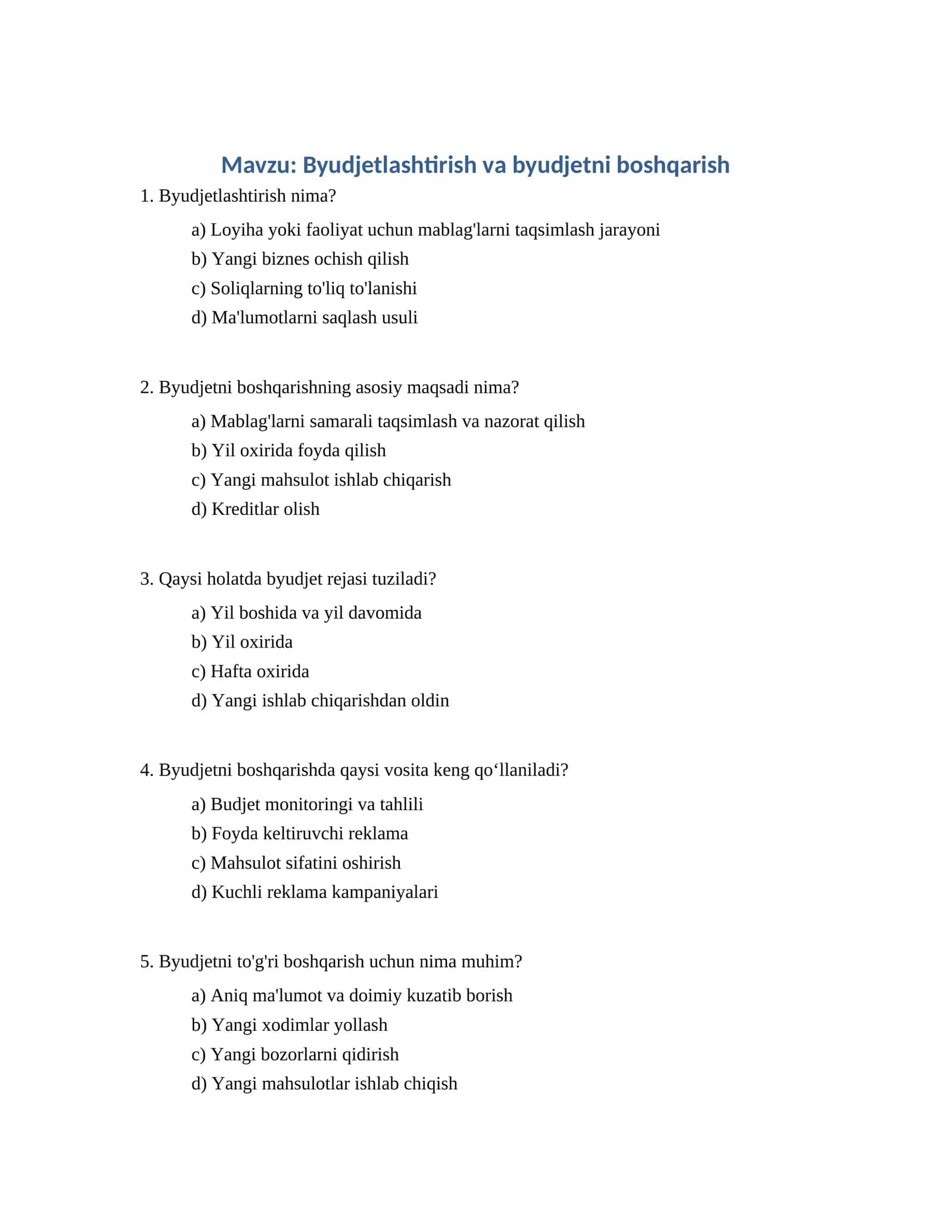 Byudjetlashtirish va byudjetni boshqarish 1