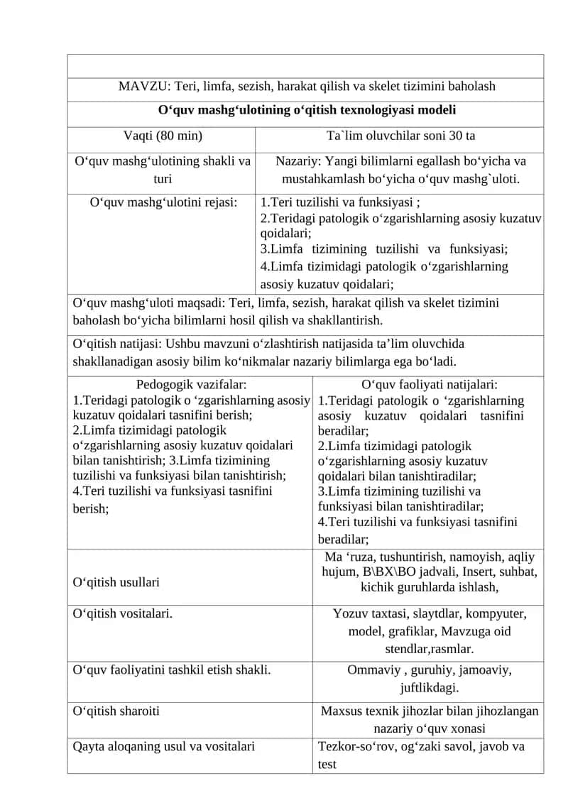 Teri, limfa, sezish, harakat qilish va skelet tizimini baholash 1