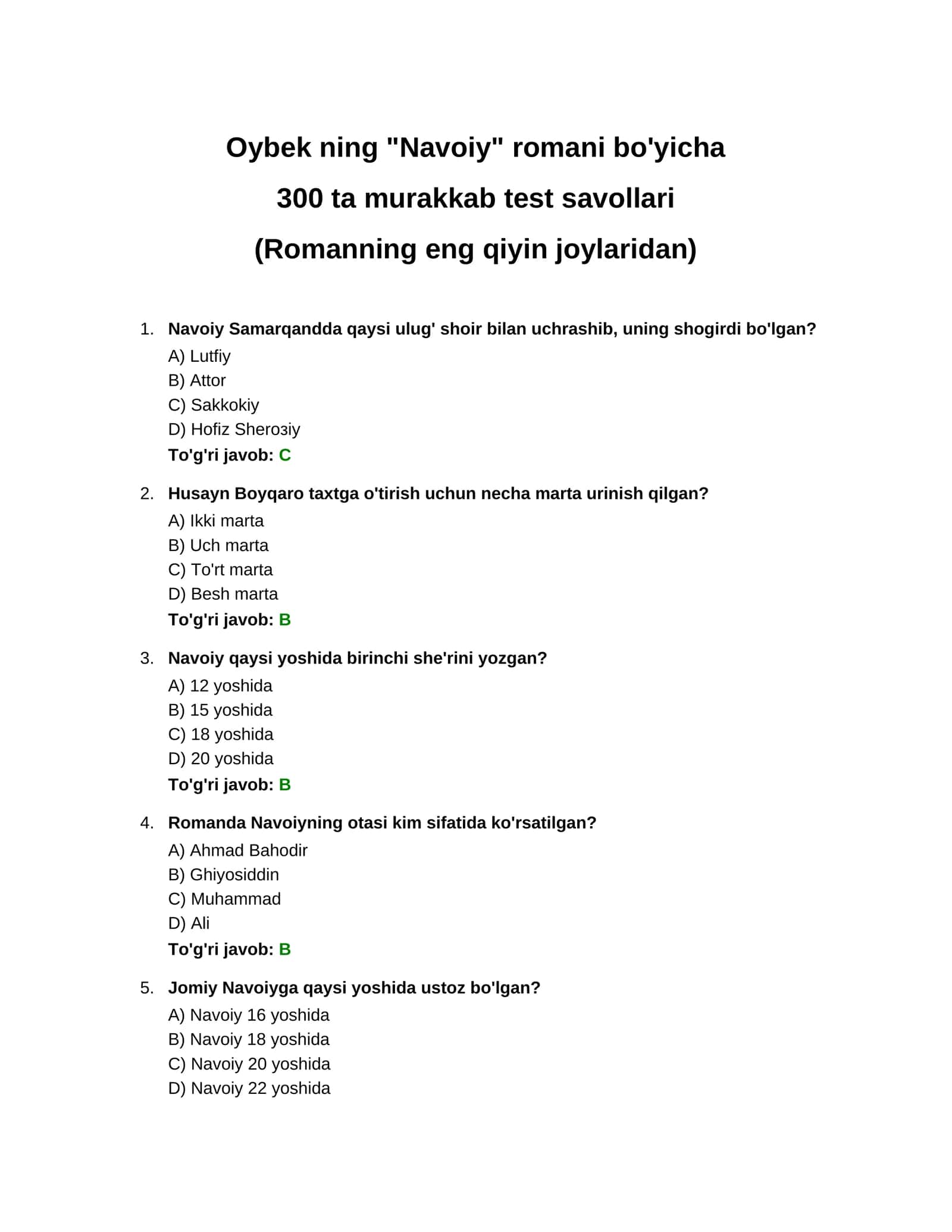 Navoiyning "Navoiy" romani bo'yicha 300 ta murakkab test savollari 1