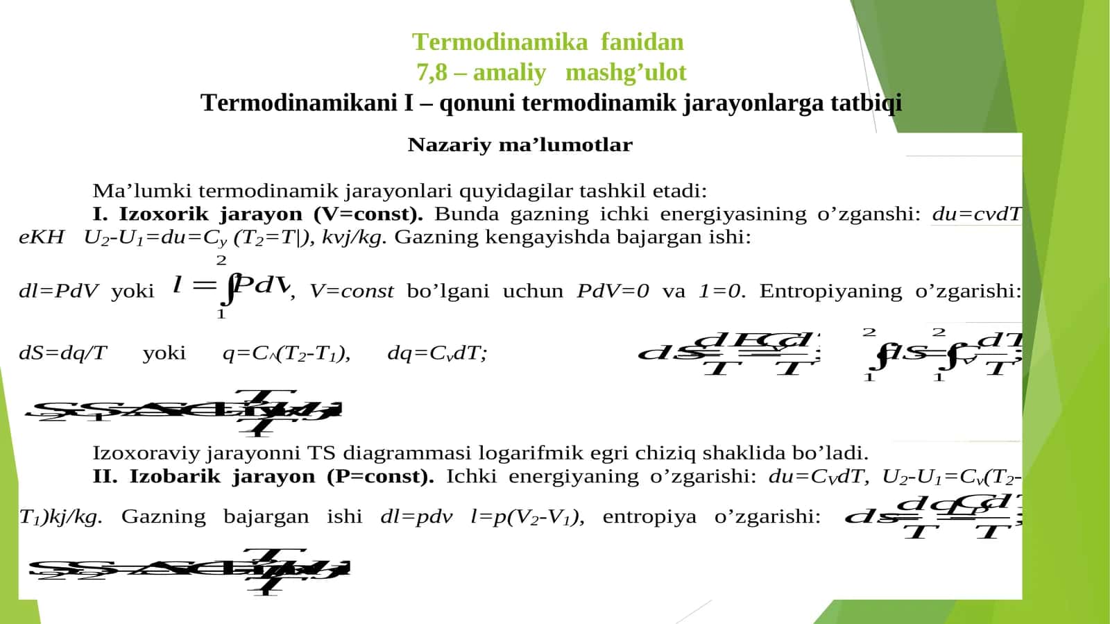 Termodinamika fanidan7,8 – amaliy mashg’ulot 1