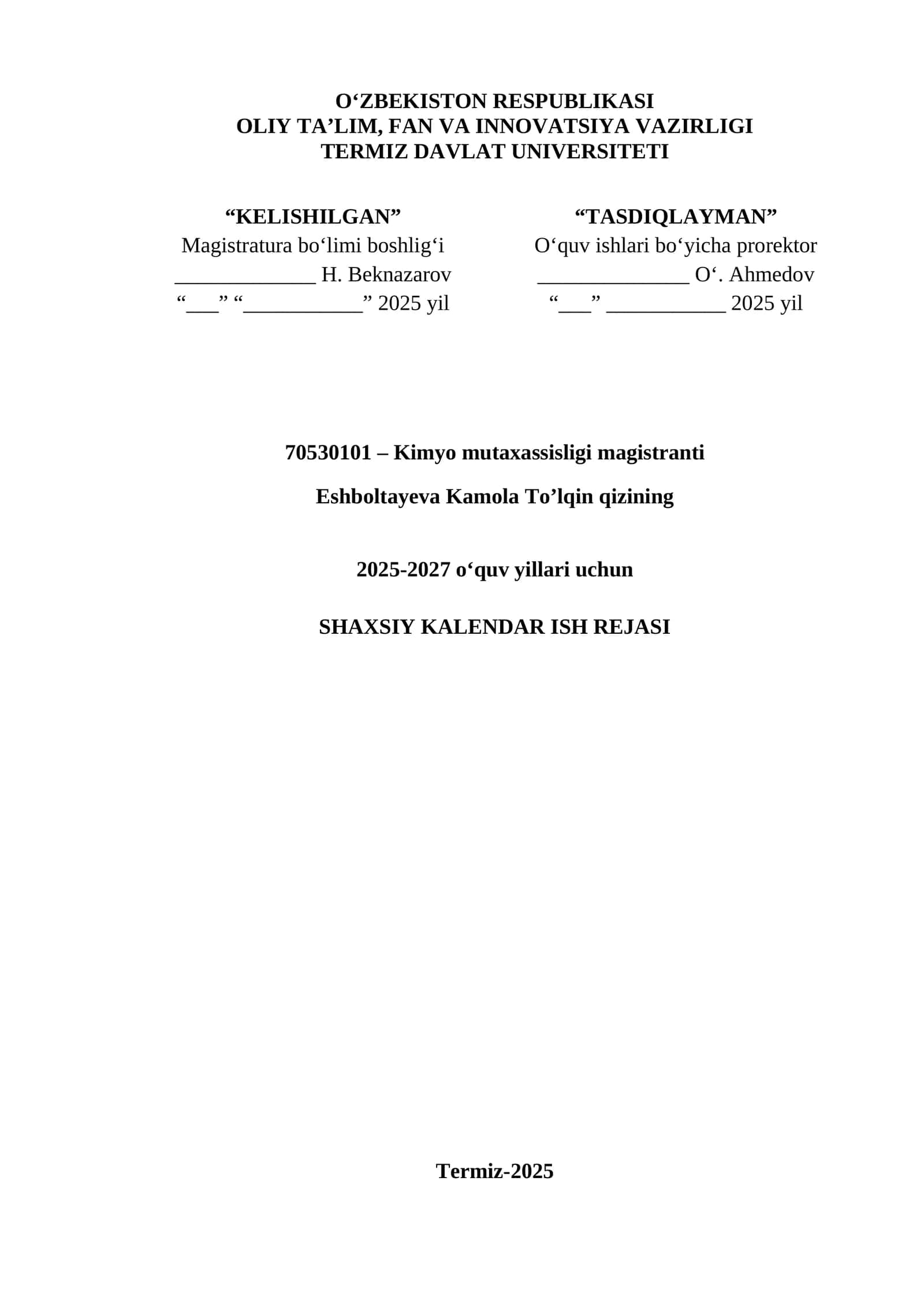 Kimyo mutaxassisligi magistranti 2025 yil 1