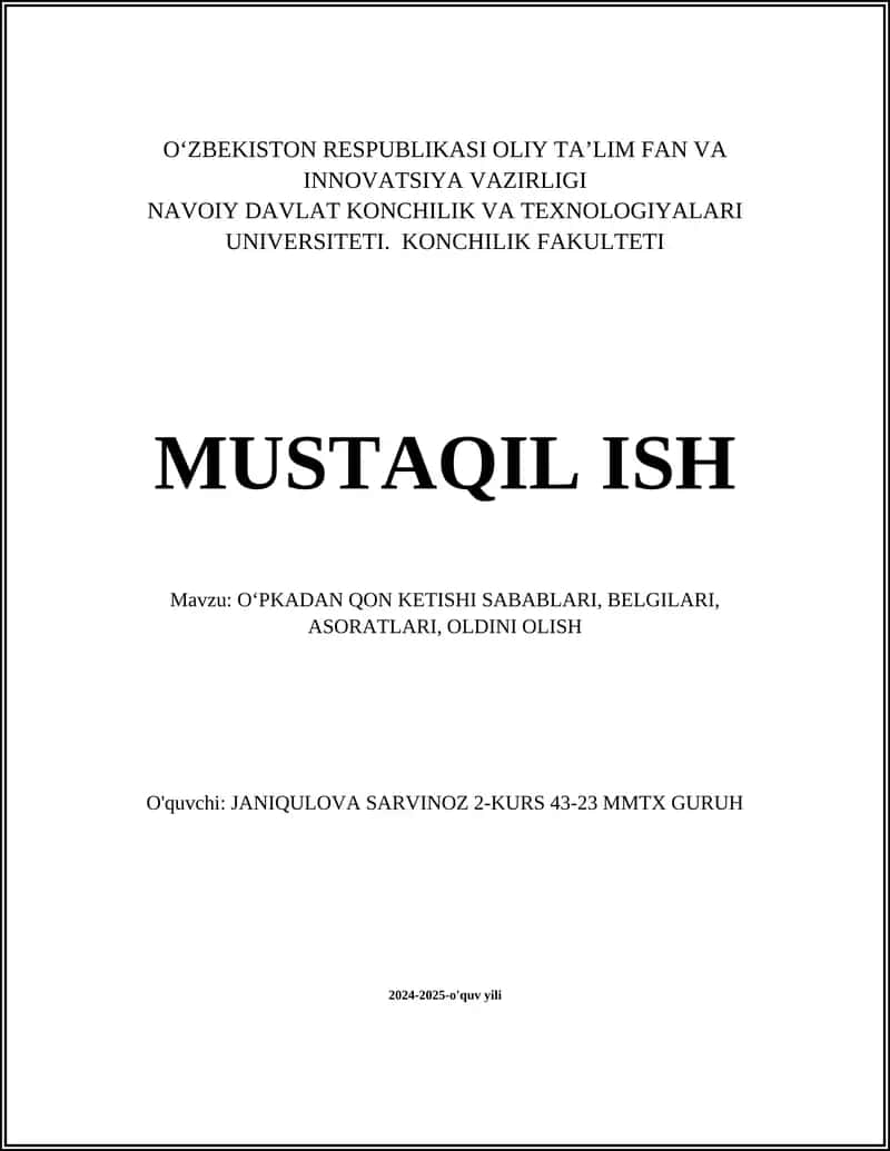 OʻPKADAN QON KETISHI SABABLARI, BELGILARI, ASORATLARI, OLDINI OLISH 1