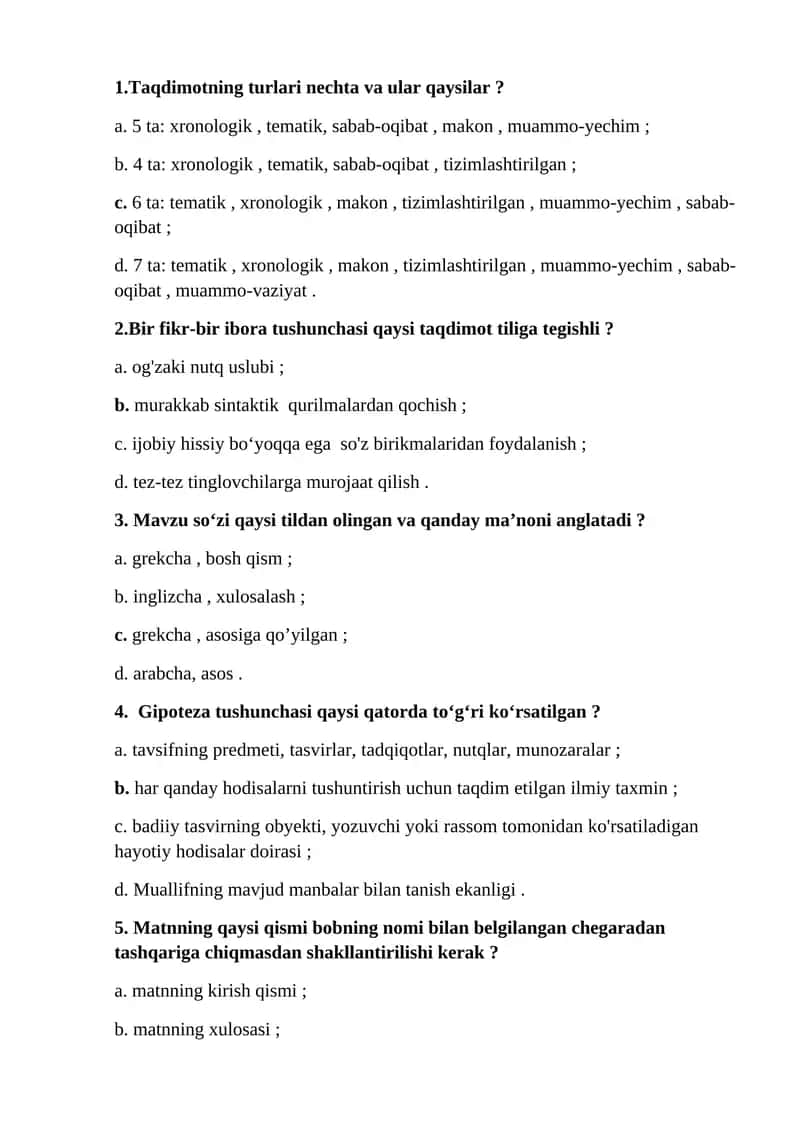 Akademik yozuv fanidan "Taqdimot nutqi ommabop nutqning bir turi sifatida. Taqdimotning tarkibi. Taqdimot turlari" mavzusida test savollari (javoblari bilan) 1
