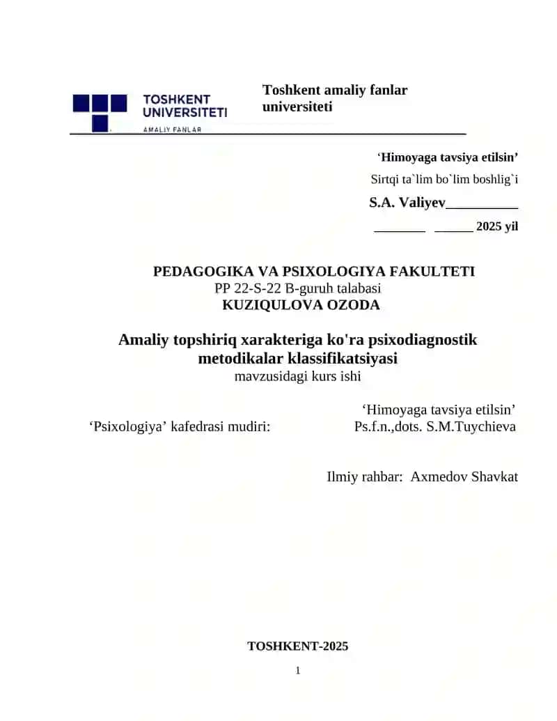 Psixodiagnostik metodikalar xarakteriga ko'ra kurs ishi