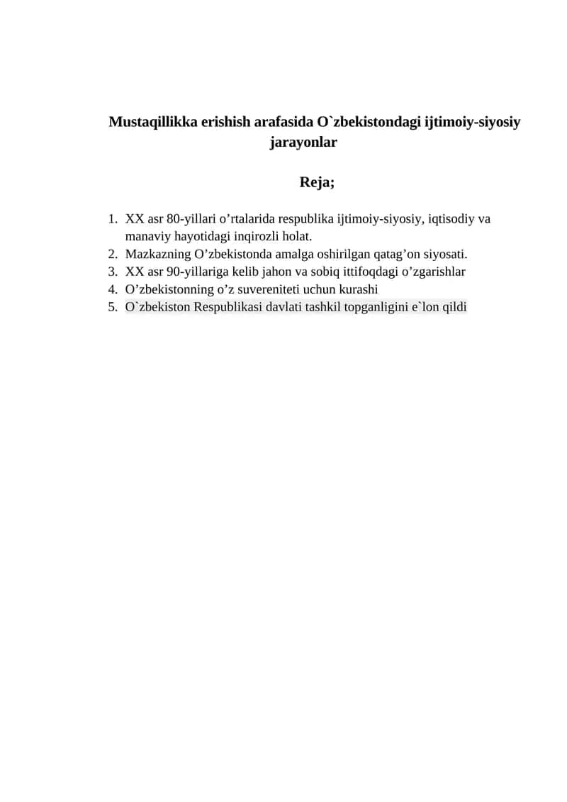 O`zbekistondagi ijtimoiy-siyosiy jarayonlar 1
