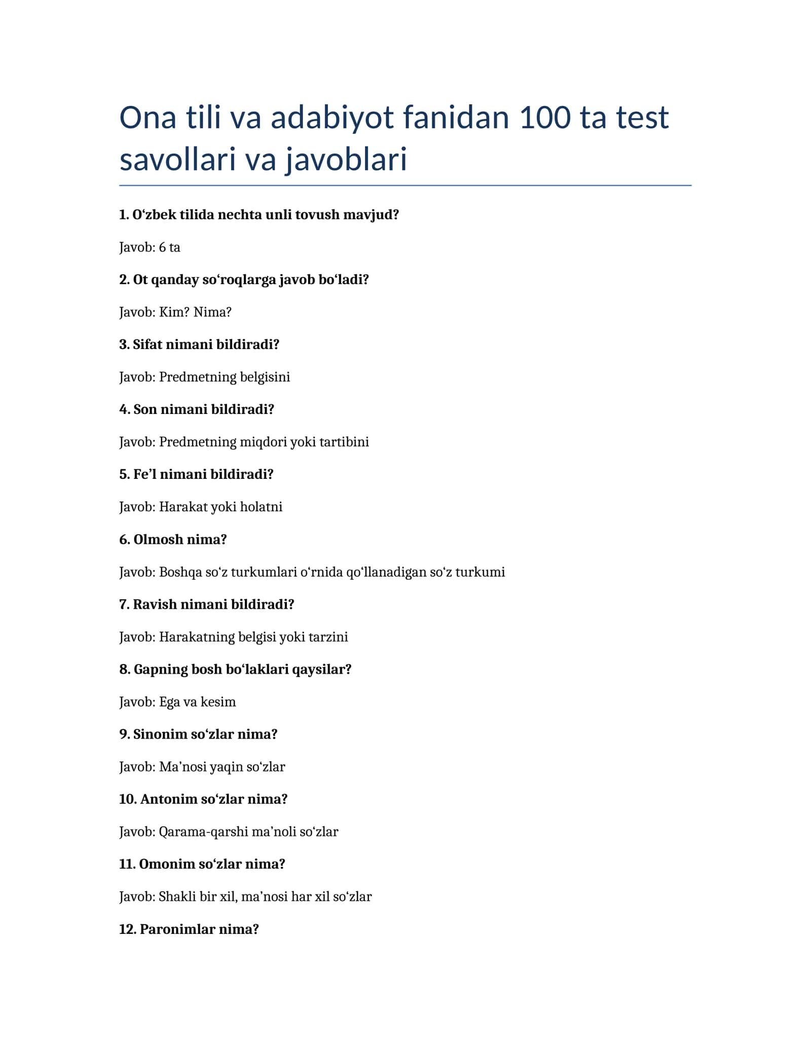 Ona tili va adabiyot fanidan 100 ta test savollari va javoblari 1
