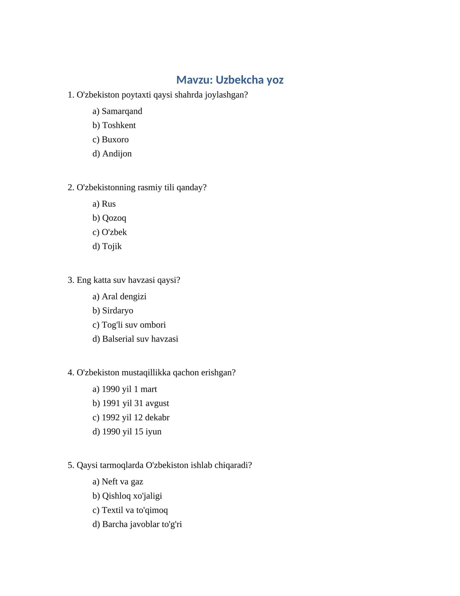 Uzbekcha yoz Test Savollari 1