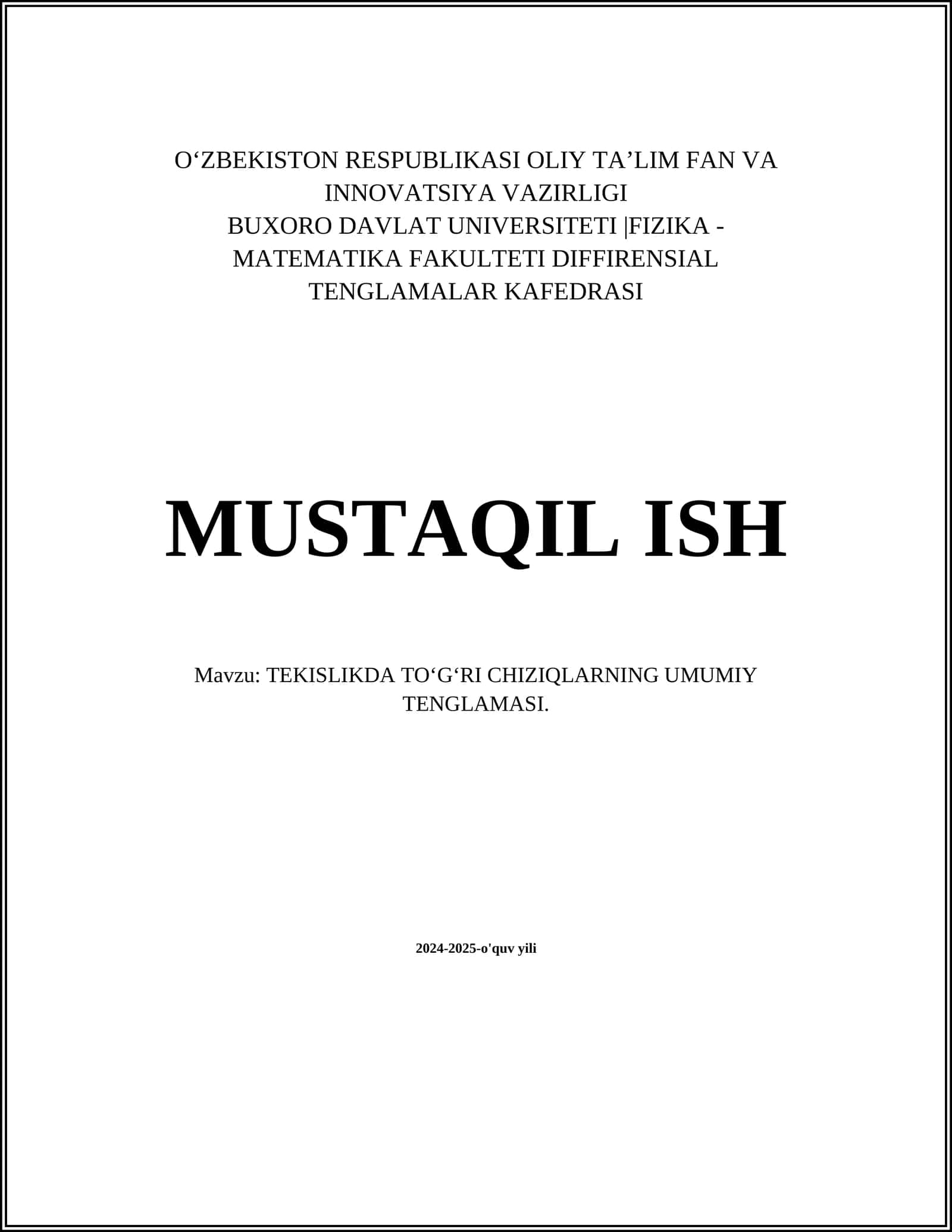 TEKISLIKDA TO‘G‘RI CHIZIQLARNING UMUMIY TENGLAMASI 1