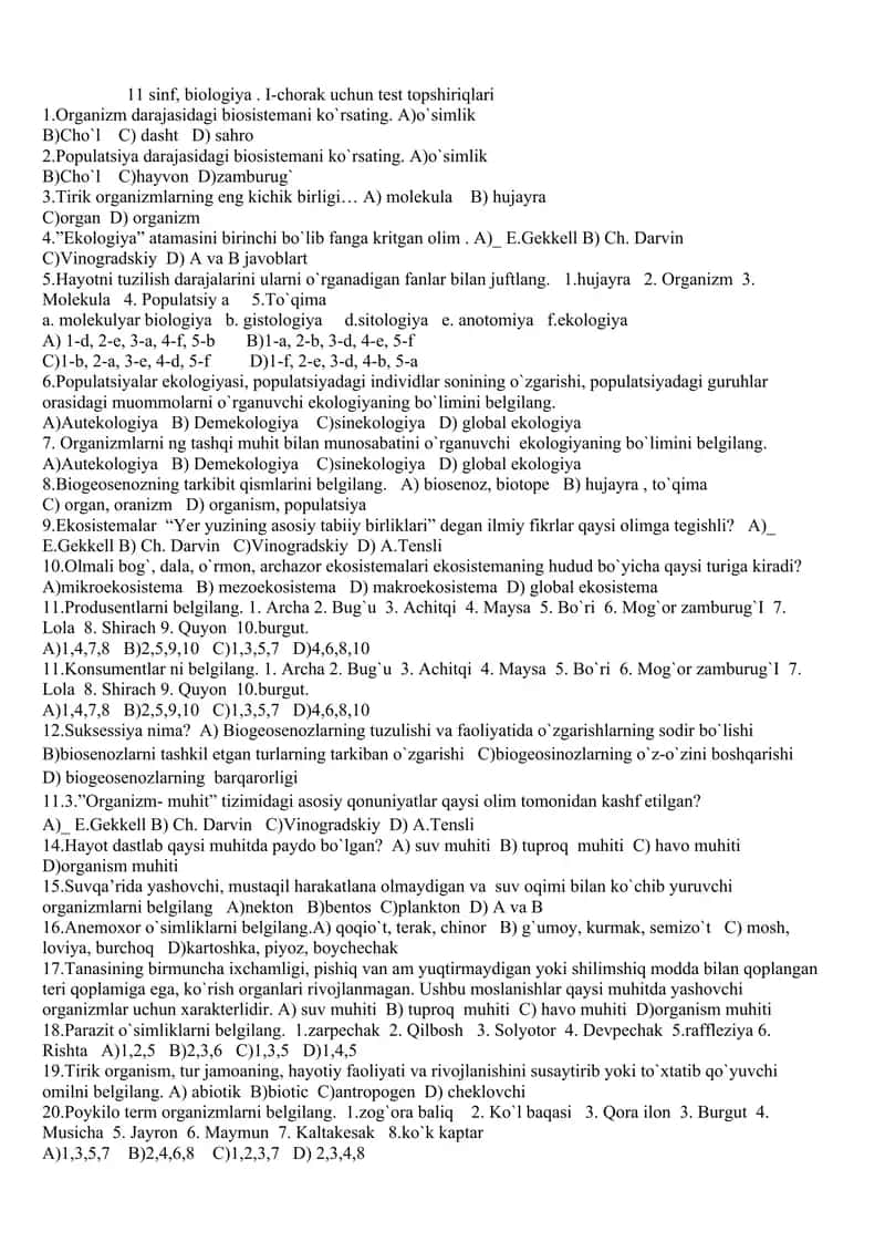 11-SINF BIOLOGIYADAN YILLIK TEST 1