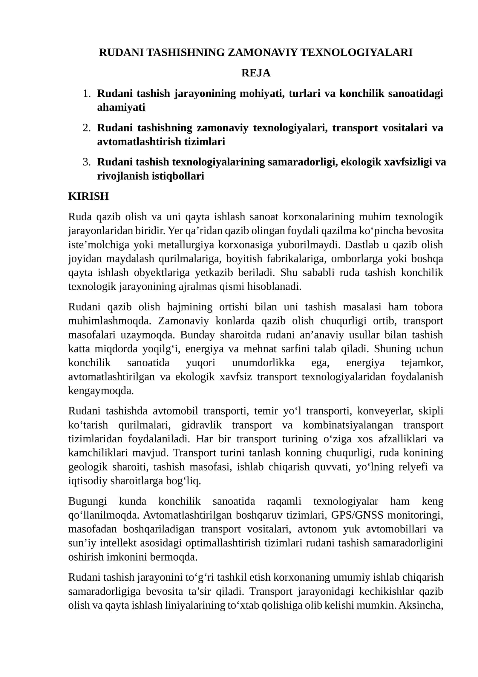 Rudani tashishning zamonaviy texnologiyalari 1