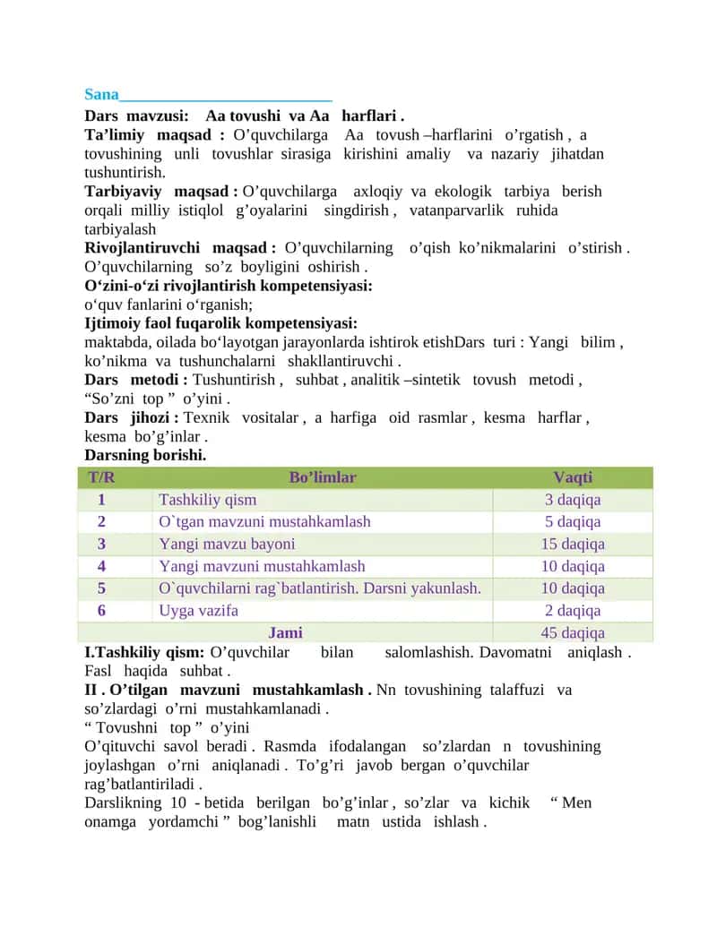 Aa tovushi va Aa harflari Dars ishlanmasi 1