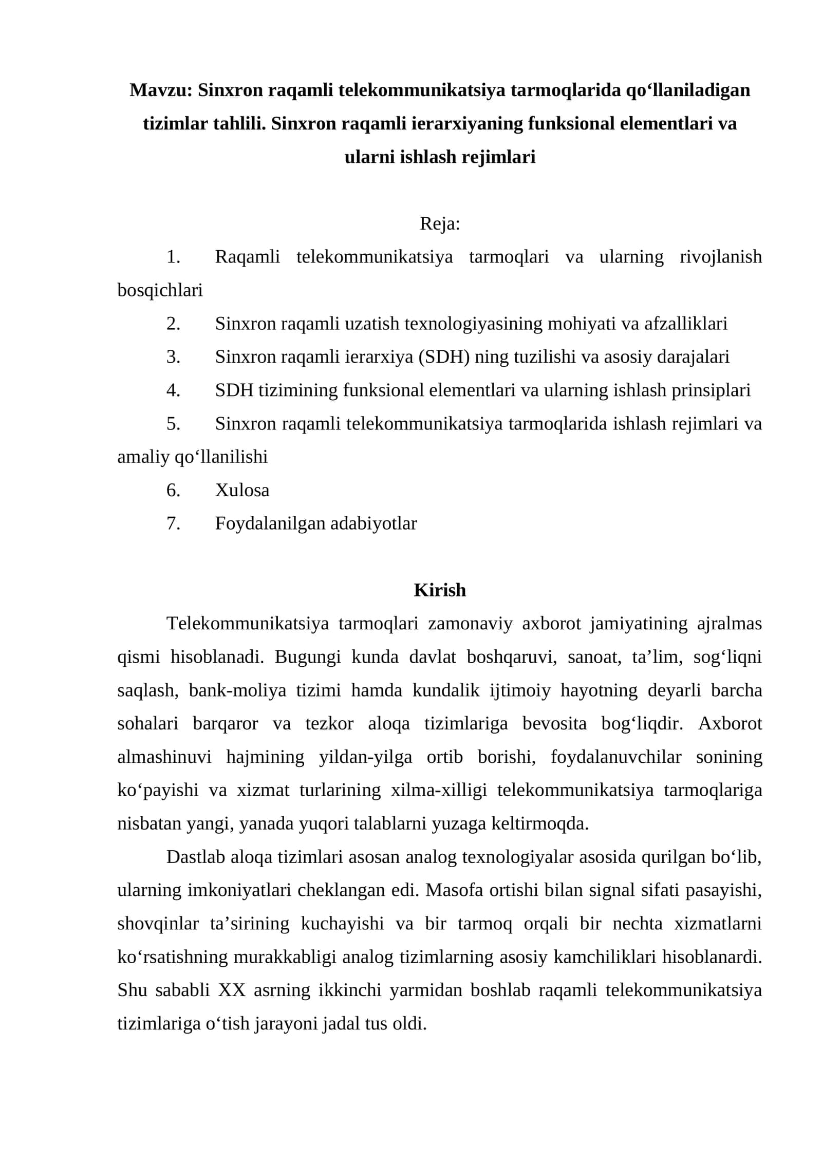 Sinxron raqamli telekommunikatsiya tarmoqlari tahlili 1