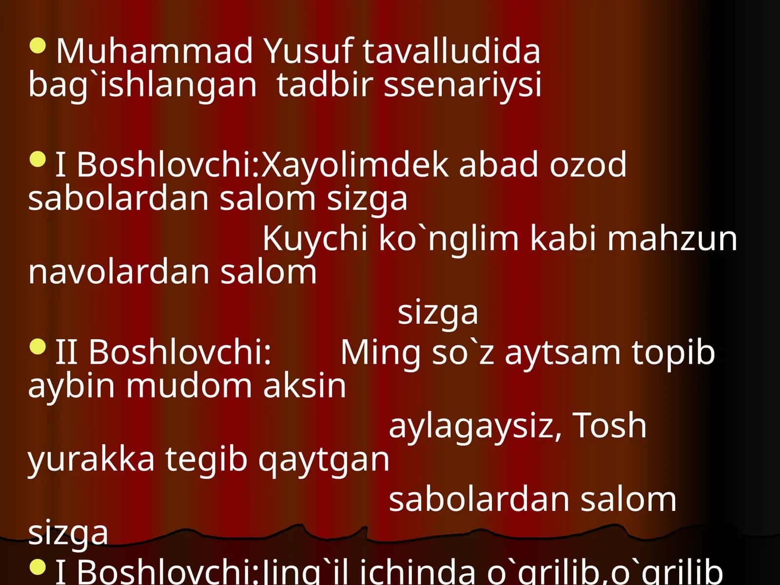 Muhammad Yusuf tavalludida bag`ishlangan tadbir ssenariysi 1