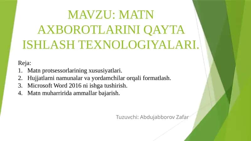 MATN AXBOROTLARINI QAYTA ISHLASH TEXNOLOGIYALARI 1
