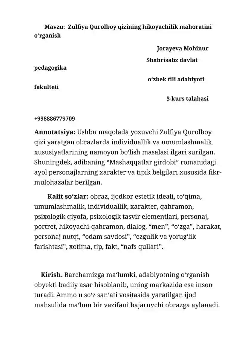 Zulfiya Qurolboy qizining hikoyachilik mahoratini o‘rganish