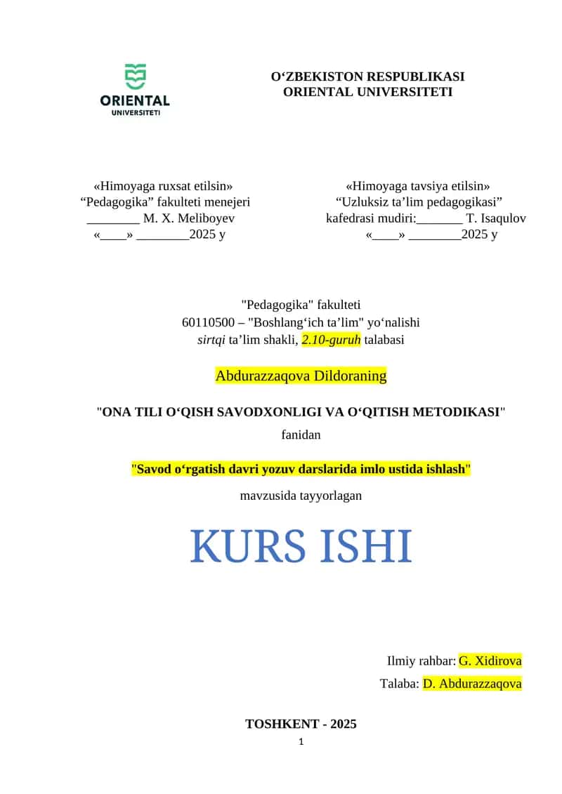 Savod o‘rgatish davri yozuv darslarida imlo ustida ishlash 1