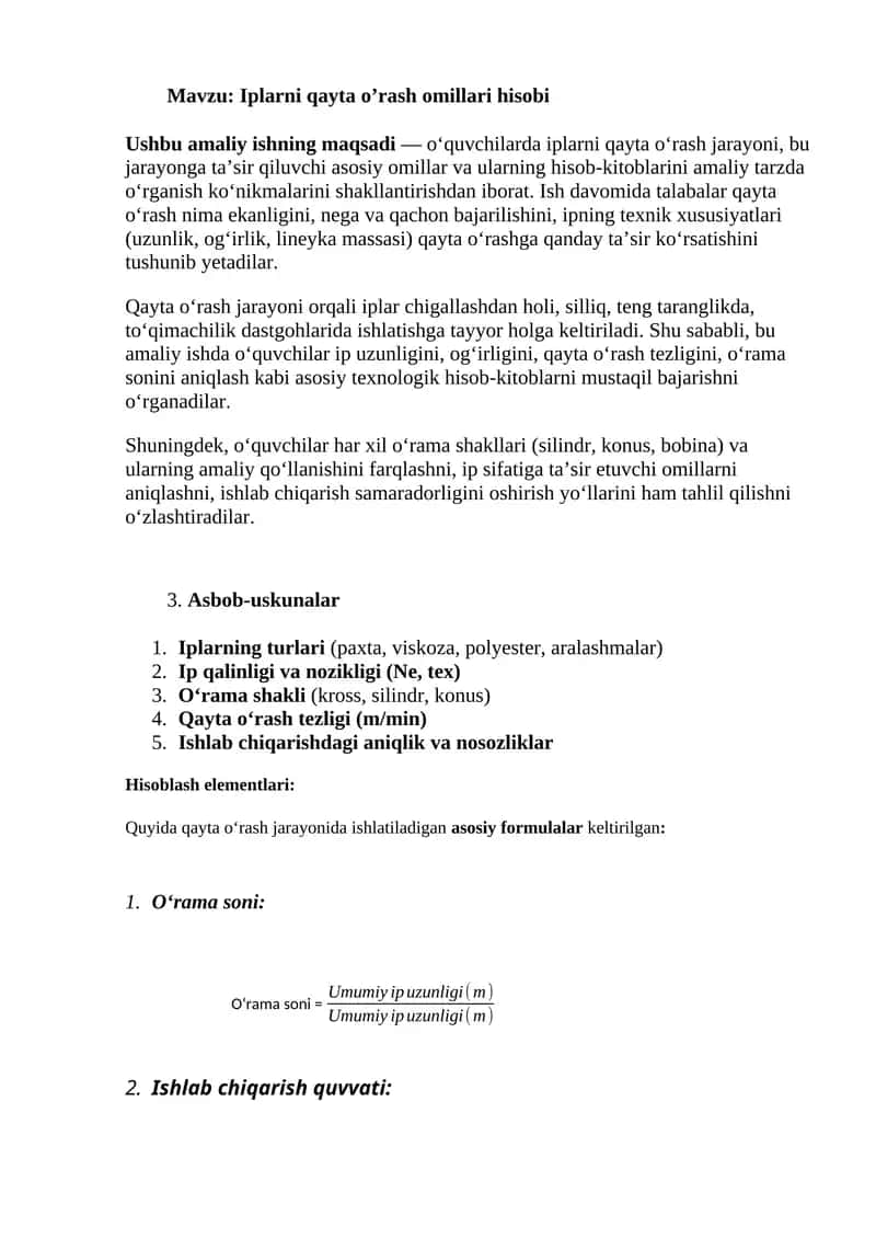 Iplarni qayta o’rash omillari hisobi 1