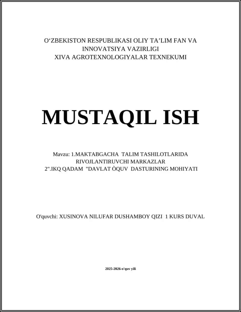 Davlat o‘quv dasturining ta'rifi va maktabgacha ta'limdagi roli 1